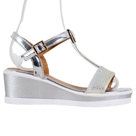 SHELOVET Cunhas de prata com couro ecológico cinza