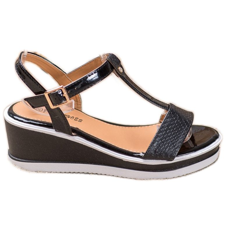 SHELOVET Cunhas pretas com couro ecológico preto