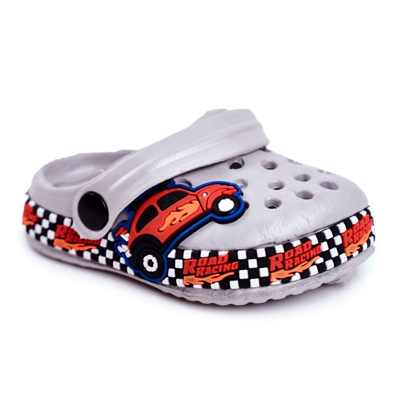 Giolan Chinelos de espuma infantil Kroks Gray Road Racing vermelho laranja cinza