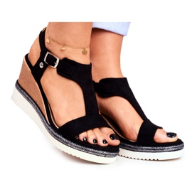 BUGO Sandálias femininas com cunha preta rosa preto