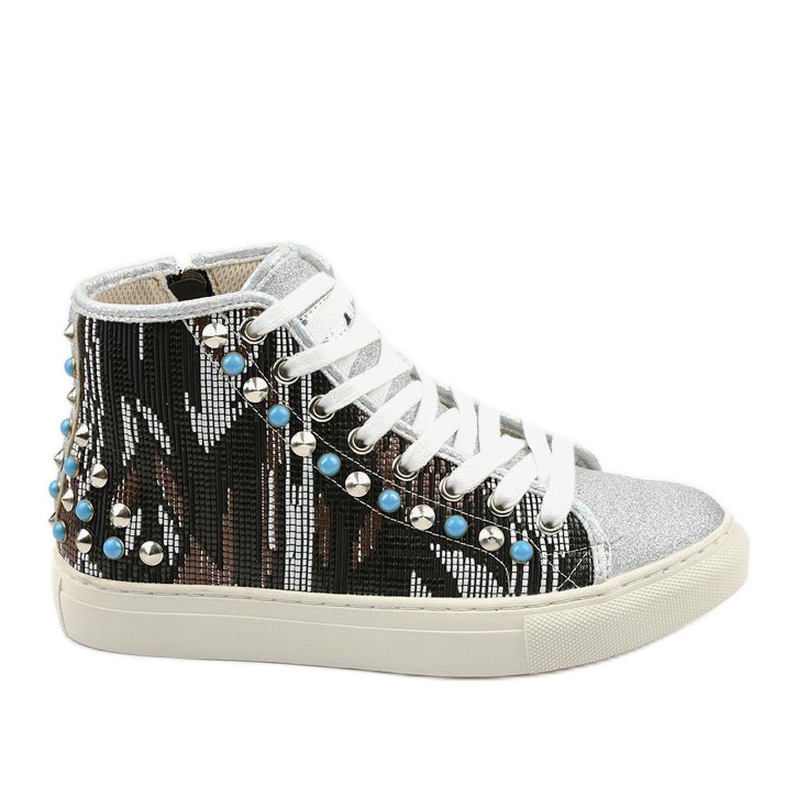 Tênis de cano alto prateado ricamente decorado D17-27027 prata cinza multicolorido