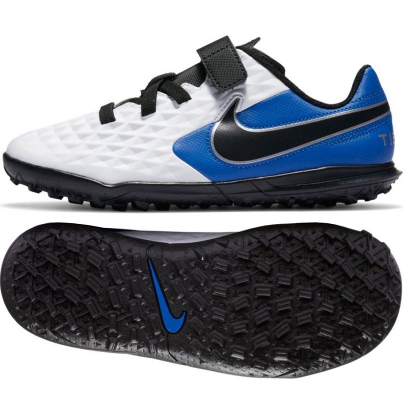Chuteiras Nike Tiempo Legend 8 Club Tf Jr CZ4216-104 branco azul branco