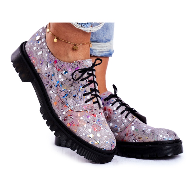 Brogues feminino Oxfords cinza couro Maciejka 04087-13 multicolorido