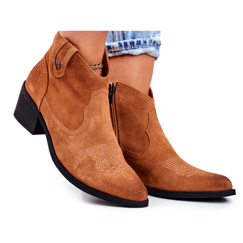 Botas femininas com salto de couro Big Star Camel GG274330 castanho