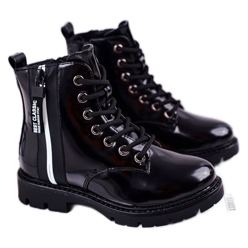 Vinceza Botas infantis aquecidas com um falcão preto lacado com zíper Vinceza Botas infantis aquecidas com um falcão preto lacado com zíper