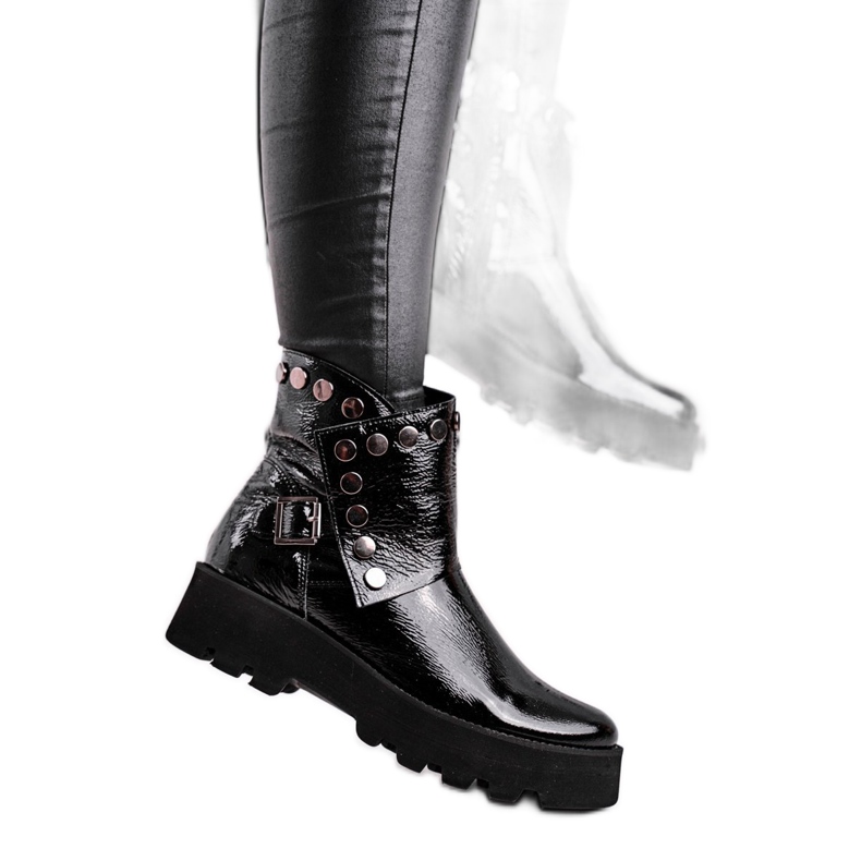 Exquisite Botas femininas em couro lacado preto requintado 1199