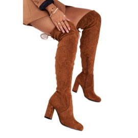 Mulanka Botas de camurça femininas com salto alto camel castanho Mulanka Botas de camurça femininas com salto alto camel castanho
