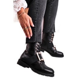 Botas femininas negras Happy Su com fivela dourada preto