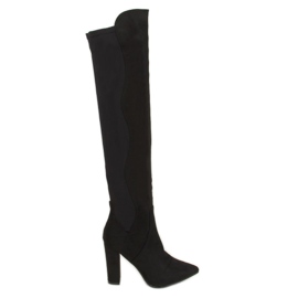 Botas acima do joelho com parte superior flexível preta D7506 preta preto Botas acima do joelho com parte superior flexível preta D7506 preta preto