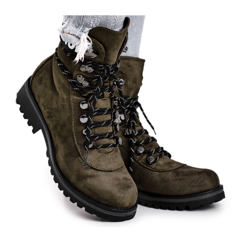 EVE Botas femininas de salto plano com um popi verde com zíper
