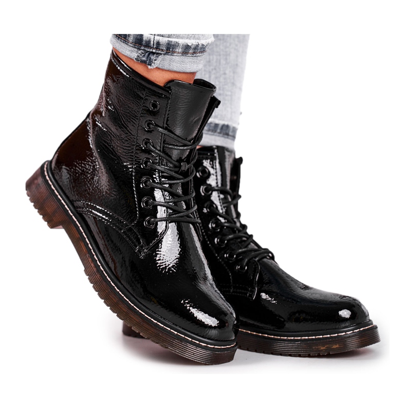 EVE Botas femininas lacadas trappers Botas pretas Marita preto