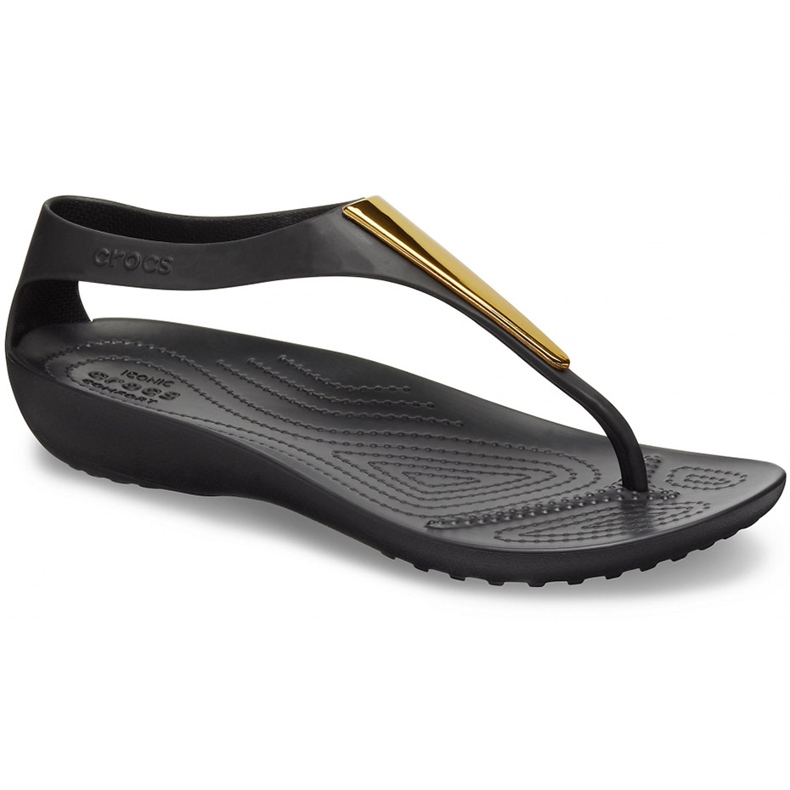 Sandálias femininas Crocs Serena Metallic Bar Fp W pretas e douradas 206420 751 preto dourado