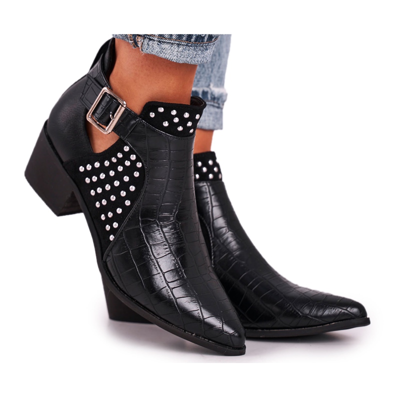 FB1 Botas femininas com fivela de salto alto preto Rontra