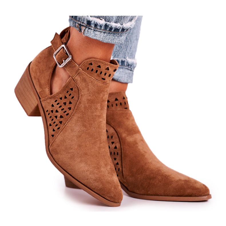 FB1 Botas femininas com salto alto camurça fivela camelo esen castanho