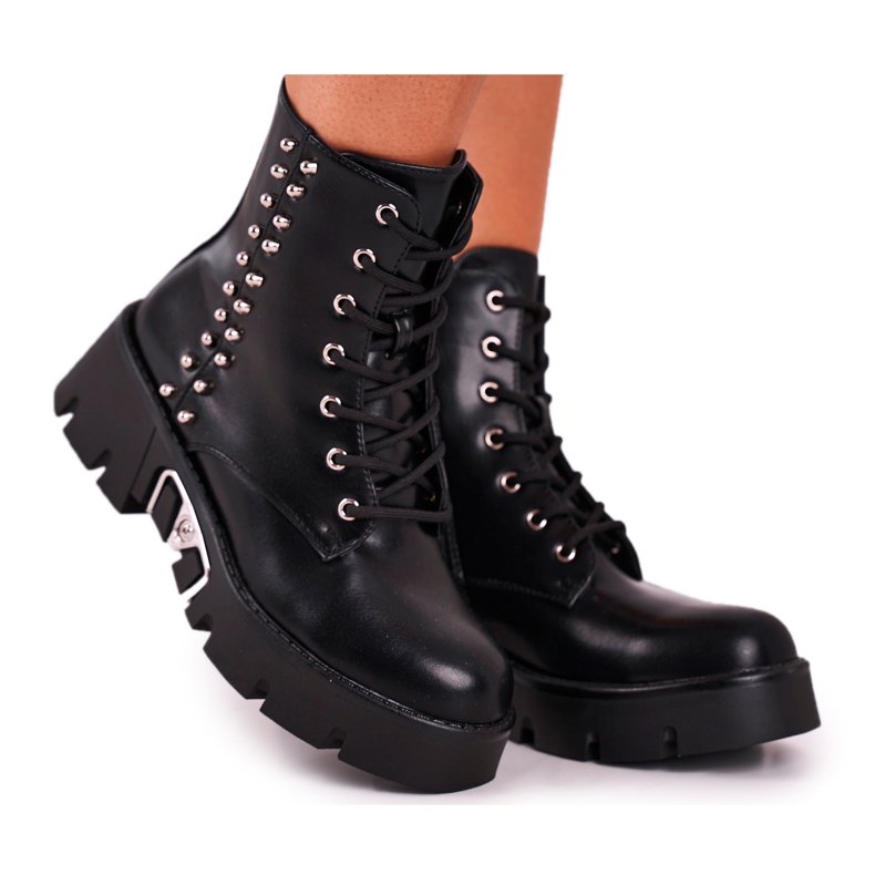 FG2 Botas femininas com rebites na plataforma grunge Black Hard Rock preto