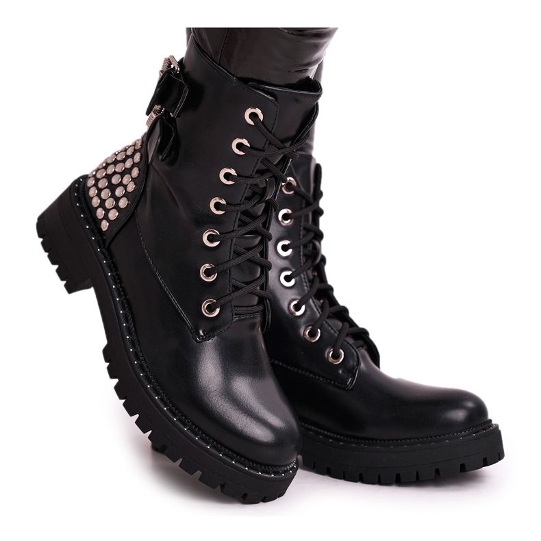 FRGIV Botas femininas com strass preto Sinta o seu toque