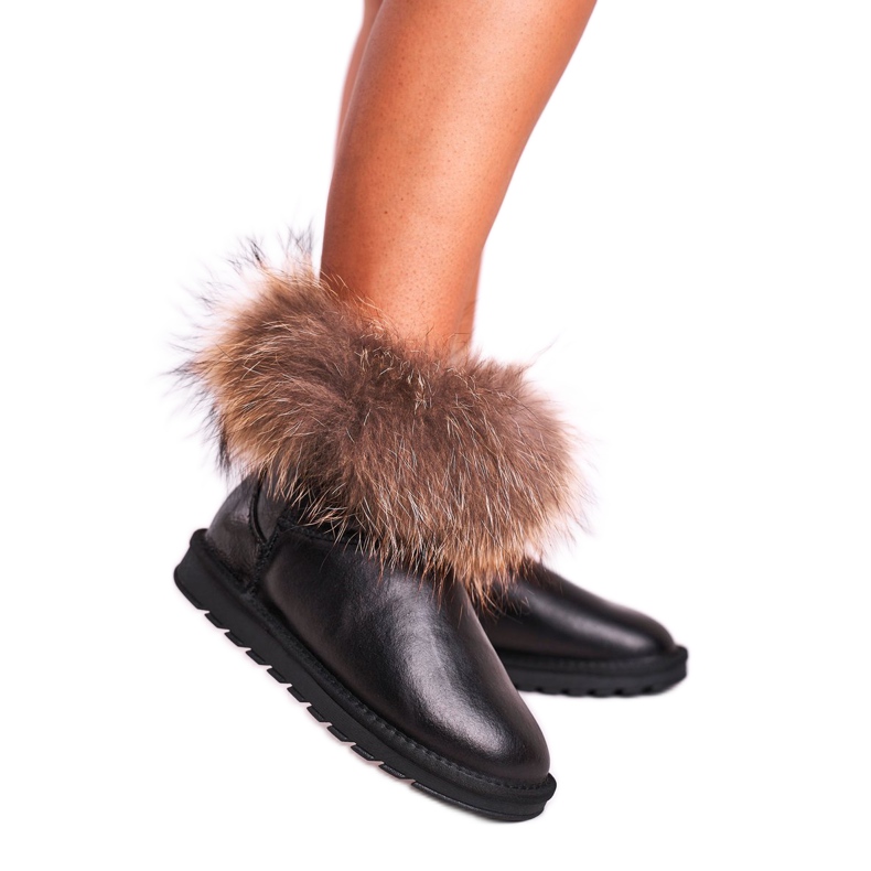 Botas femininas de couro para neve com pele de raposa preta preto