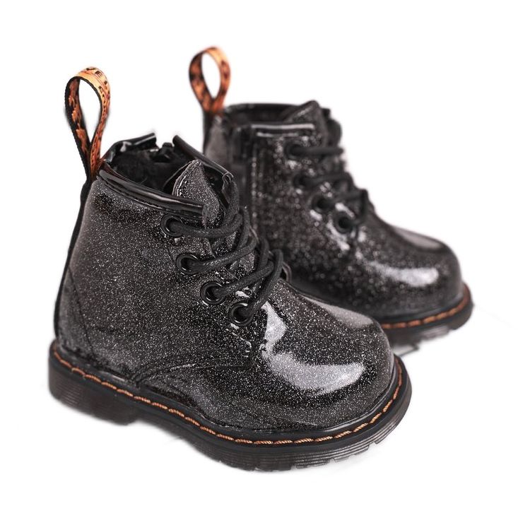 FRROCK Botas infantis aquecidas com zíper Lacquered Glitter Black Mistor preto
