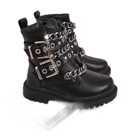 FRROCK Botas aquecidas para crianças com colchetes de pele preta e diversão preto
