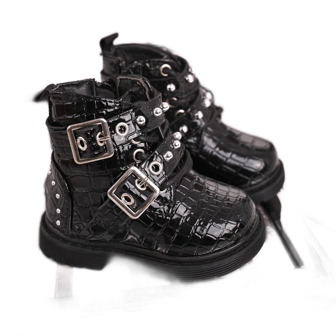 FRROCK Botas infantis aquecidas com pele, envernizado Black Mary preto