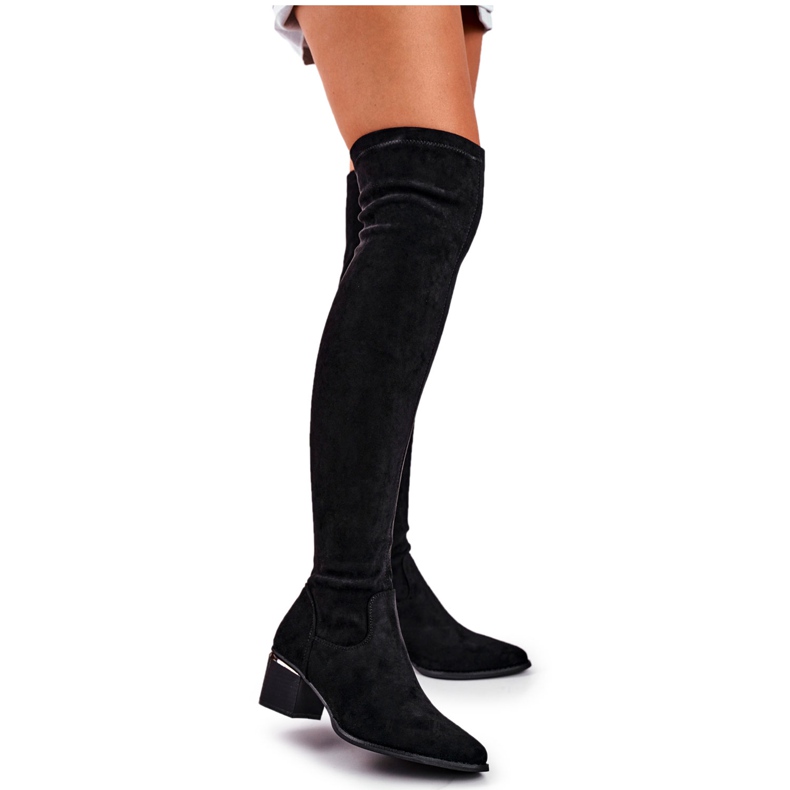 FRBS Botas de cano alto feminino eco-camurça negra índigo preto