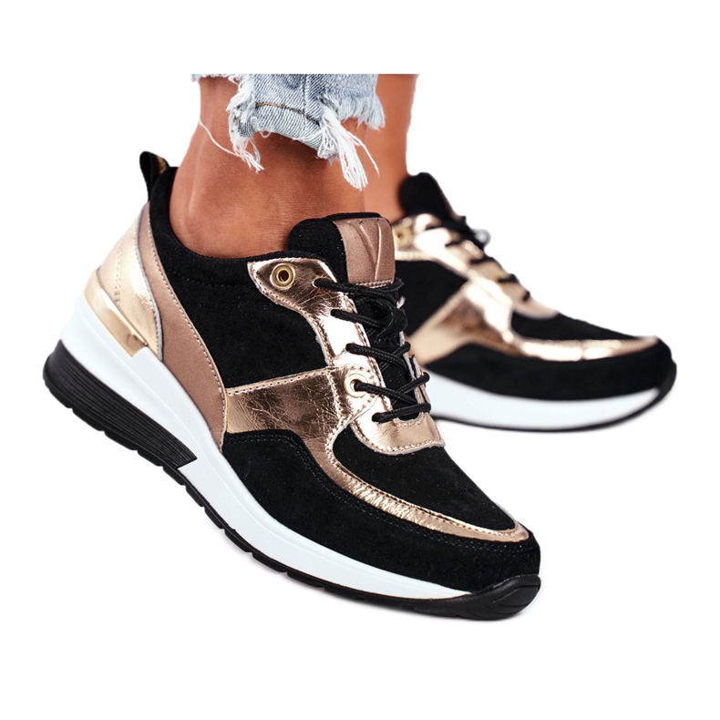 Vinceza Sapatos esportivos femininos de couro preto e dourado 21-7777