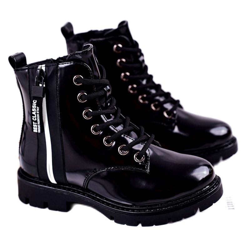 Vinceza Botas infantis aquecidas com um falcão preto lacado com zíper