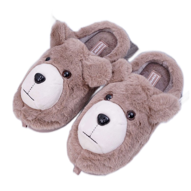 Chinelos femininos com pele de urso marrom bege