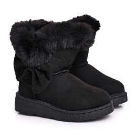 FRROCK Botas de neve infantis Vella pretas com laço de pele preto