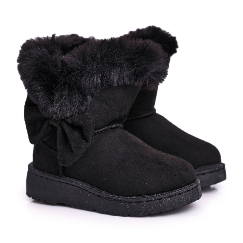 FRROCK Botas de neve infantis Vella pretas com laço de pele preto