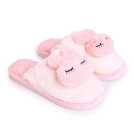 Chinelos de pele feminina, coelho de pele branca e rosa