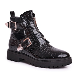 FB2 Botas femininas com recortes lacado Croco Black Dorothy preto