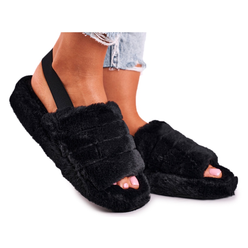 FJ1 Chinelos femininos com plataforma de pele preta floco de neve preto