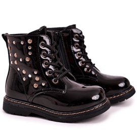 Botas aquecidas infantis com strass lacado preto fama