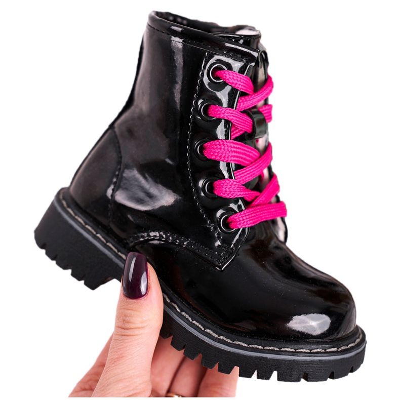 Botas infantis aquecidas com pele, pinkie preto lacado