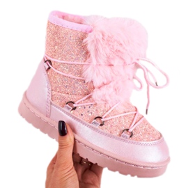 Botas infantis de neve com pele rosa claro Minnie Mouse Botas infantis de neve com pele rosa claro Minnie Mouse