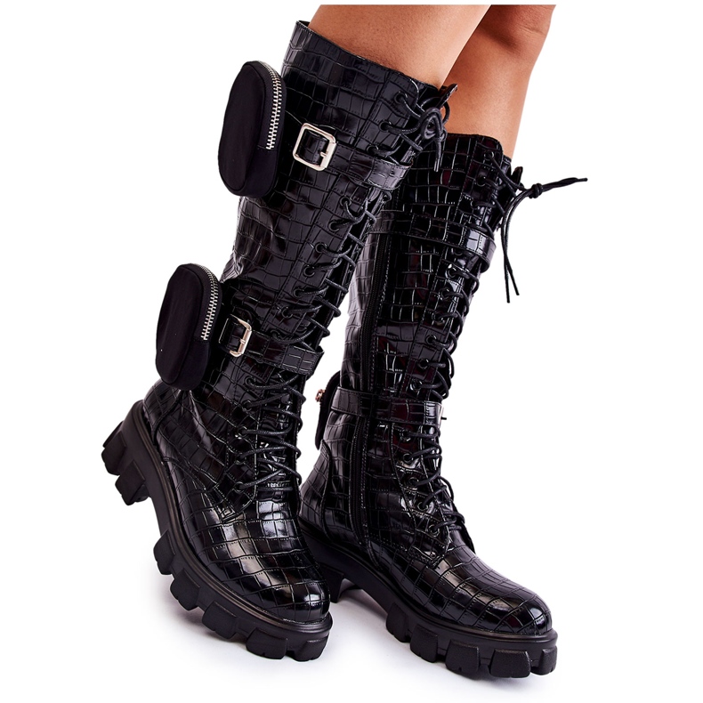 Joia Caçadores de botas femininas com bolsas estampado de animal preto militar