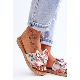 Chinelos femininos com laço de tecido flor bege 2