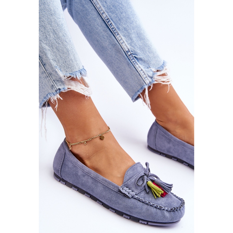 PS1 Mocassim de camurça azul Dorine com laço e franjas 1 PS1 Mocassim de camurça azul Dorine com laço e franjas 1