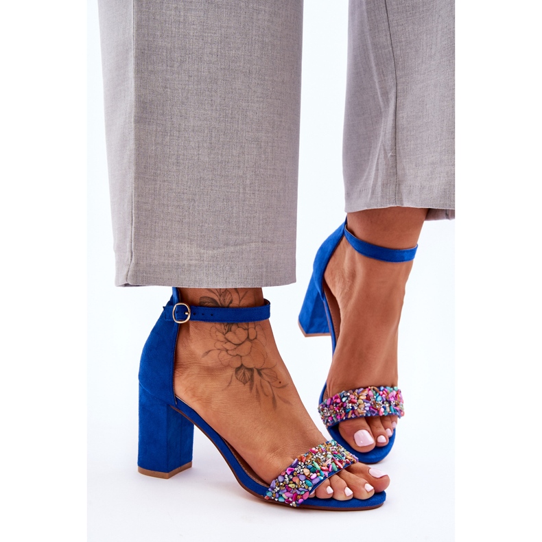 Sandálias de salto alto da moda com pedras decorativas azul Love Me 1