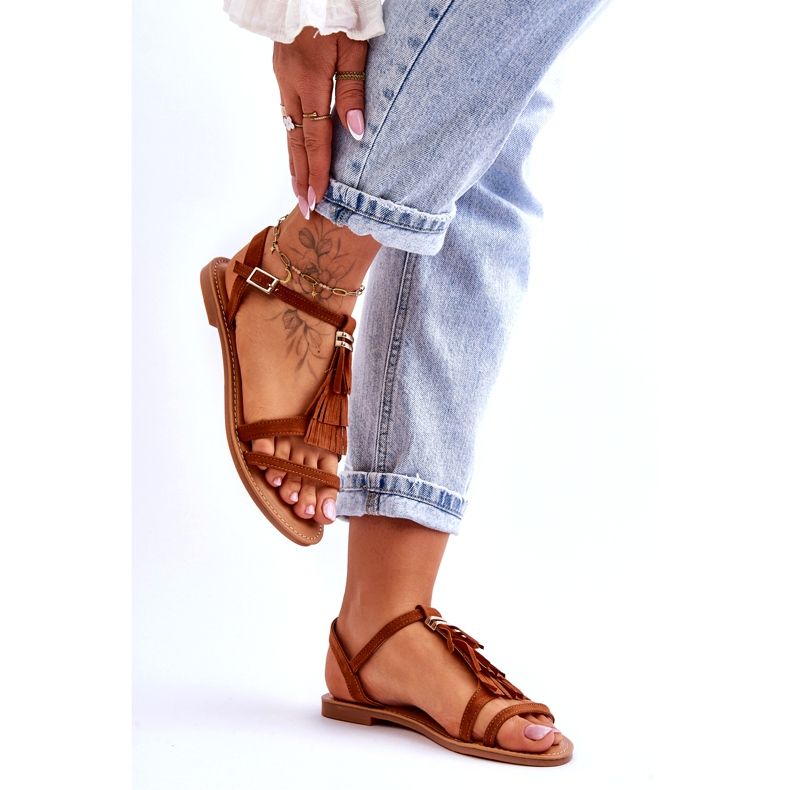 Sandálias femininas planas de camurça Boho Brown Lucami marrom 4