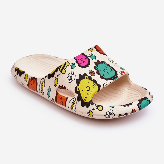 WJ1 Chinelos infantis de espuma leve motivo de leão bege Esther 1