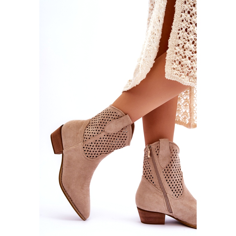 Botas femininas de caubói vazadas palhetas bege 2