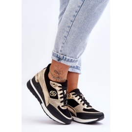 PE1 Tênis feminino com cadarço e cunha preto e dourado Genova 1