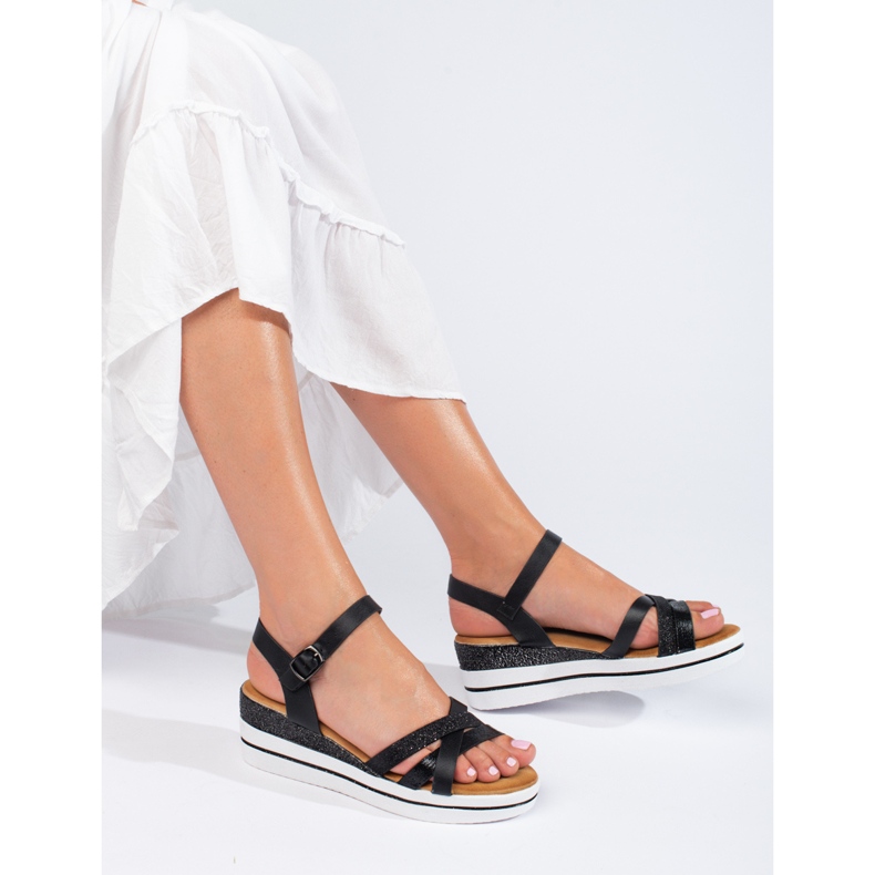 Sandálias de cunha Shelovet de mulher pretas preto 1