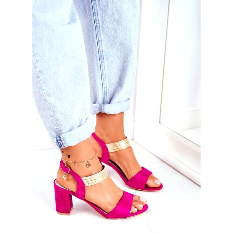 S.Barski Sandálias femininas com salto em camurça fúcsia rosa 1