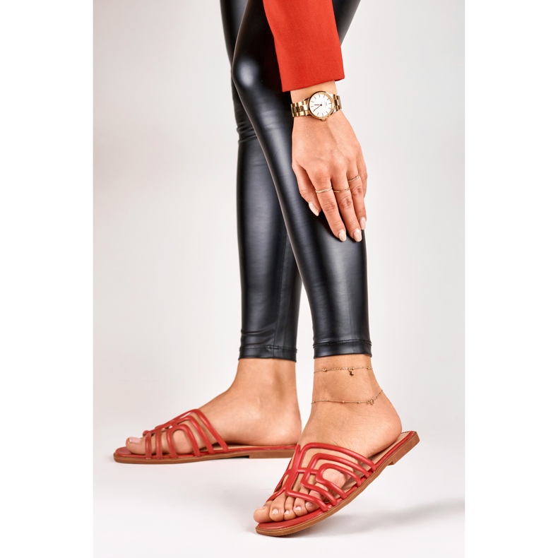 Chinelos rasos femininos elegantes vermelhos 2