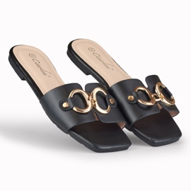 Chinelos de mulher preta com decoração Hensi dourada preto 2 Chinelos de mulher preta com decoração Hensi dourada preto 2