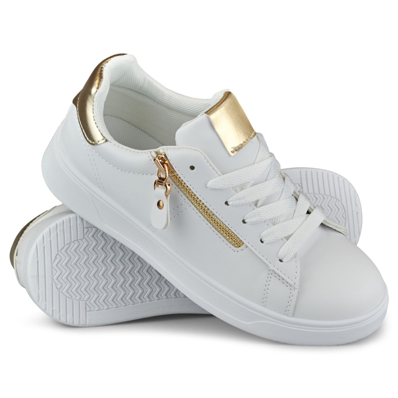 Sapatos esportivos femininos com zíper dourado branco 1