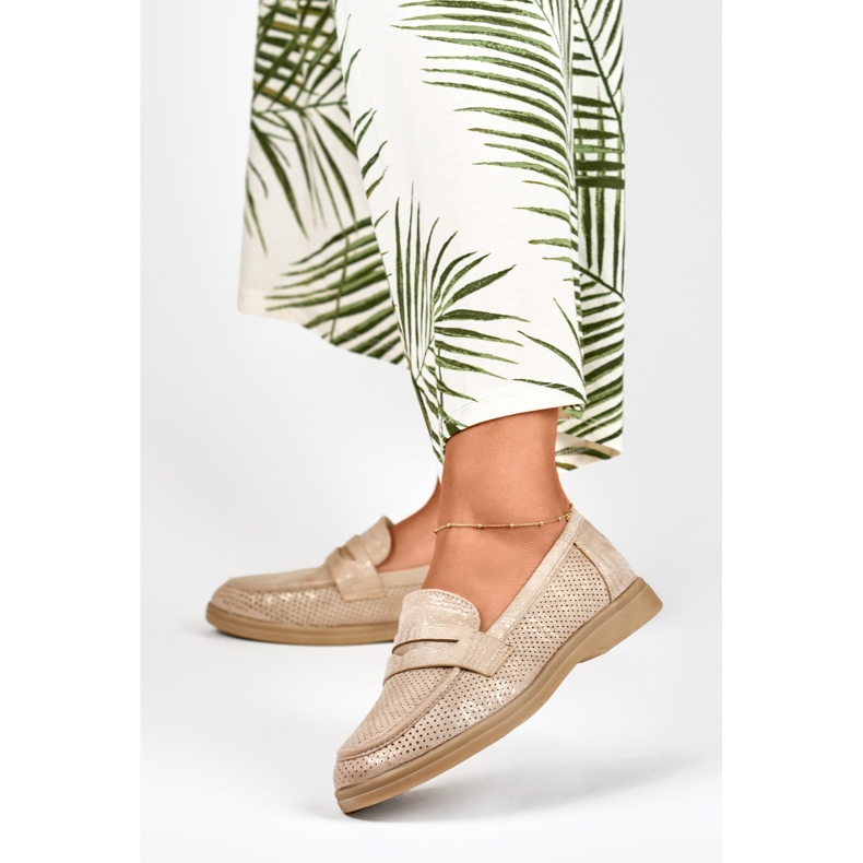 Sapatos femininos vazados com brilho dourado bege 2